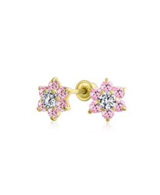 Tiny London Blue CZ Flower Stud Earrings Aquamarine Cubic Zirconia 14K Gold Screw back