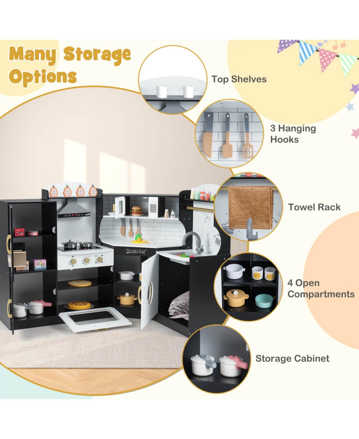 Corner Play Kitchen Toddler Playset with Range Hood, Ice Maker, Microwave