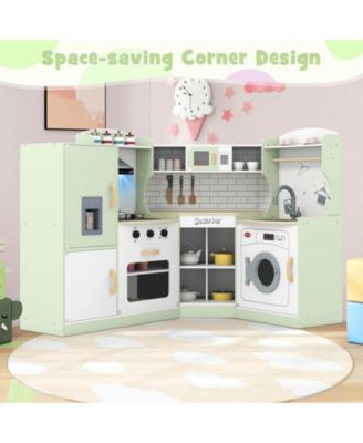 Corner Play Kitchen Toddler Kitchen Playset with Range Hood, Ice Maker, Microwave