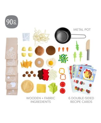 Creative Play Meal Kit Playset: Play Food for Kids Kitchen with Wooden and Fabric Ingredients and Recipe Cards, 80+ Toy Kitchen Accessories for 3