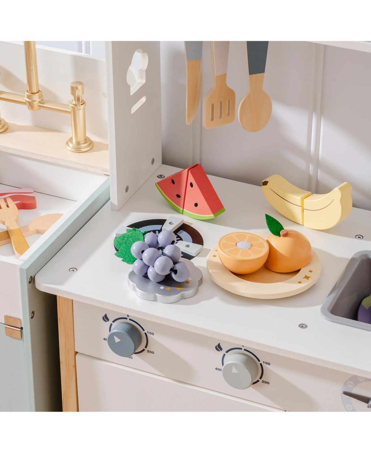 Robotime Wooden Play Food 4-in-1 Cutting Set Pretend Play Toy Food for Play Kitchen with Shopping Bag Kids Kitchen Accessories for Boys Girls