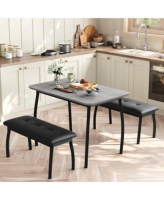 3-Piece Wooden Dining Table Set with 2 Upholstered Benches