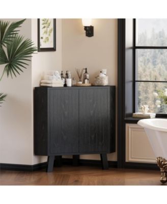 industrial 3 tier wooden corner cabinet with adjustable shelves and doors—freestanding triangle design for space saving living room storage.