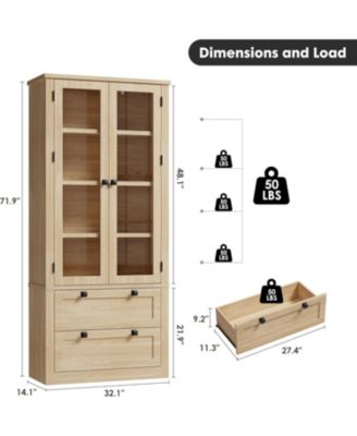 Tall Kitchen Pantry Cabinet - Modern Display Storage Cabinet with 2 Large Drawers, Glass Doors, and Adjustable Shelves