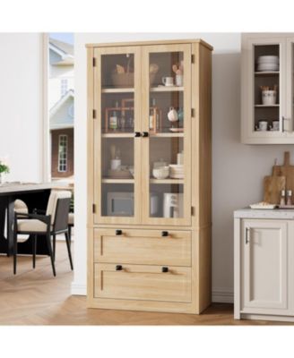 Tall Kitchen Pantry Cabinet - Modern Display Storage Cabinet with 2 Large Drawers, Glass Doors, and Adjustable Shelves