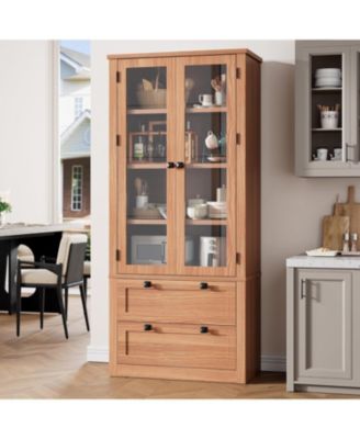 Tall Kitchen Pantry Cabinet - Modern Display Storage Cabinet with 2 Large Drawers, Glass Doors, and Adjustable Shelves