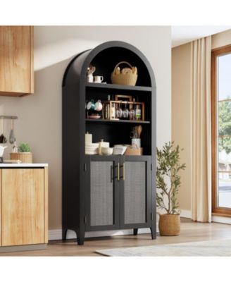 Arched Pantry Storage Cabinet with Rattan Decor, 5-Tier Display, Farmhouse Storage for Kitchen