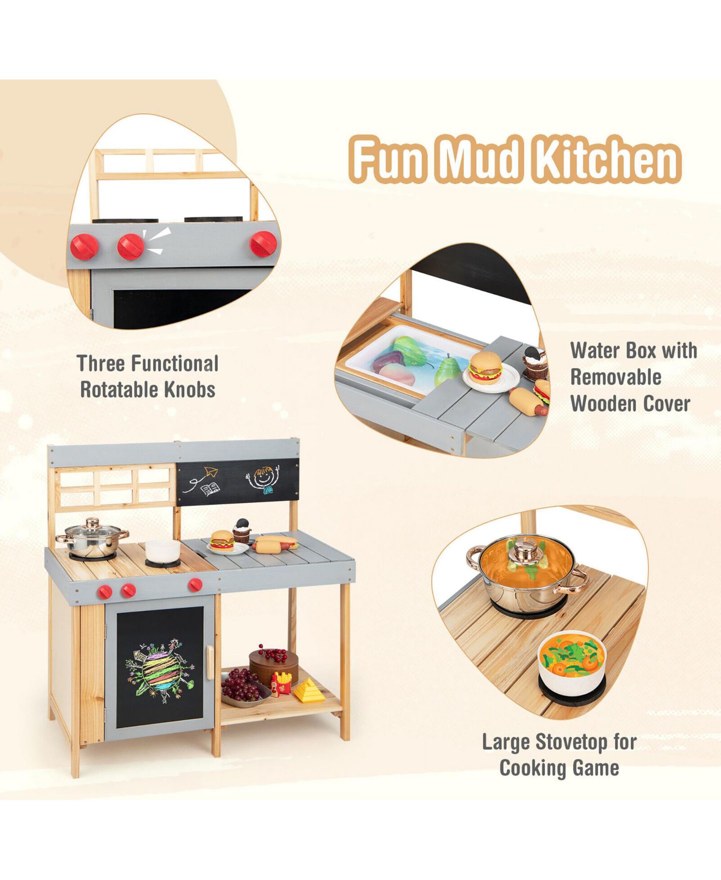 Детская игрушка Gymax Kids Kitchen Playset Toy Outdoor Wooden Kid's Play Kitchen for Girls Boys 3 Plus, цвет: Натуральный — фото 5