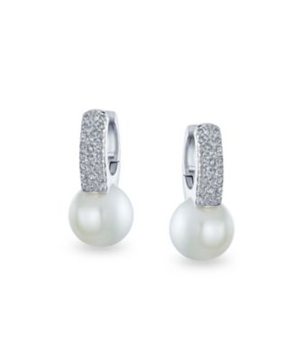 Pearl/Cubic Zirconia Mini Hoop Huggie Drop Earrings
