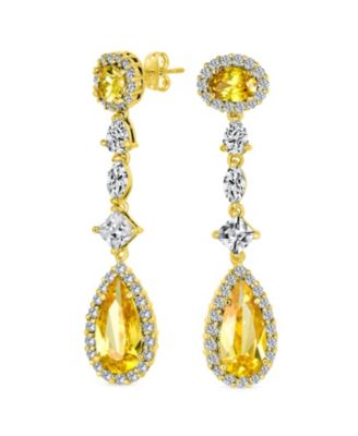 Canary Yellow Royal Green Halo CZ Teardrop Chandelier Earrings Silver Plated