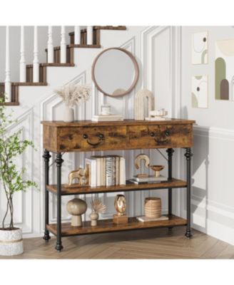 Rustic Console Table with 2 Drawers & Storage Shelves, Farmhouse Entryway Table for Home Decor
