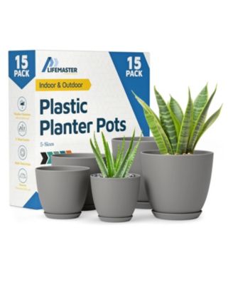 Gray Plant Pots 15-Pack with Drainage Holes & Saucers, Stackable Indoor & Outdoor Planters for Houseplants & Flowers.