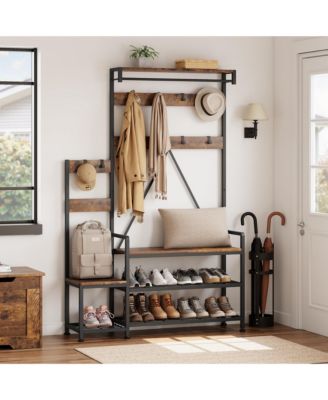 Solid Wood Parent-Child Hall Tree Coat Rack with Bench and Shoe Storage