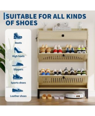 Shoe Storage Cabinet with 2 Hollow-Panel Flip Drawers and Top Drawer