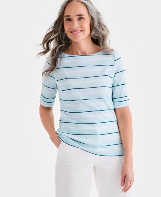 Petite Elbow-Sleeve Kelly Stripe Boat Neck Top