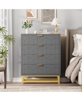Modern 4 Drawer Dresser, Wide Chest with Gold Metal Legs & Handles, Wood Storage Organizer for Bedroom