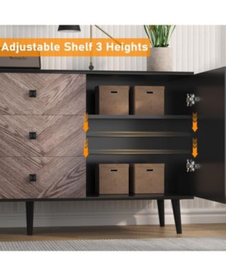 55 Point 1 Inch 3 Drawer Storage Cabinet with Adjustable Shelf and Doors Modern Sideboard Buffet Cabinet for Dining Room