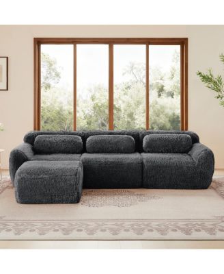L-shaped Dark Gray Plush Sofa with Ottoman, High-Density Sponge, No Assembly