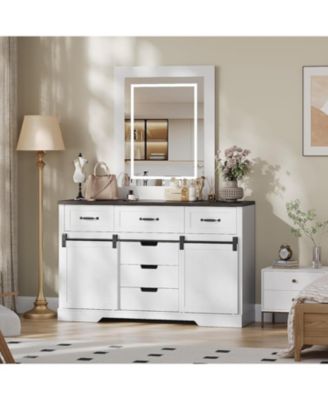 6 Drawers Dresser with LED Light Farmhouse Style Space Saving Sliding Door Storage Cabinet for Bedroom and Living Room