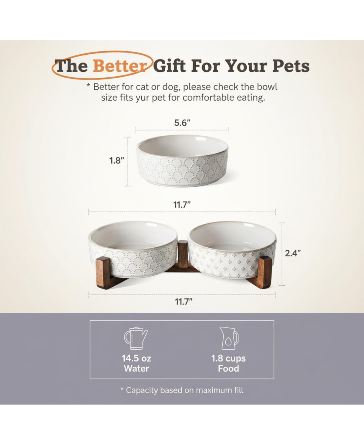 Aronkl Ceramic Dog Bowl Set with Wood Stand Dual Food Water Weighted Non-Slip Base