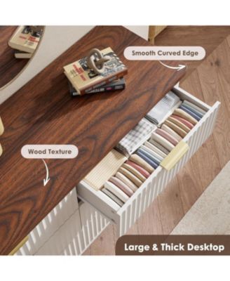 White Modern Fluted Drawer Dresser, Curved Profile with Gold Handles for Bedroom