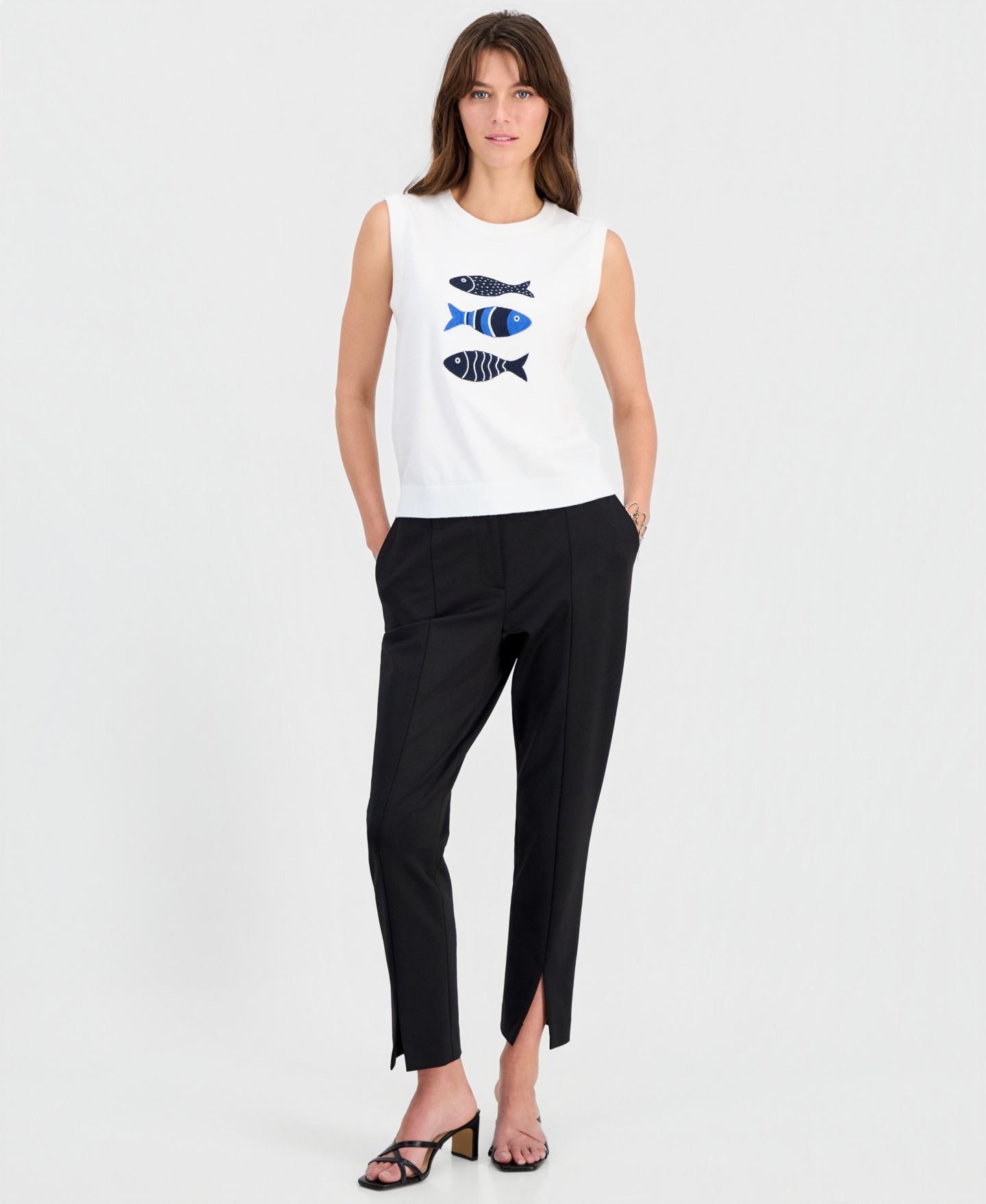 Женский топ T Tahari Fish-Embroidery Sleeveless Crewneck, цвет: Белый — фото 3