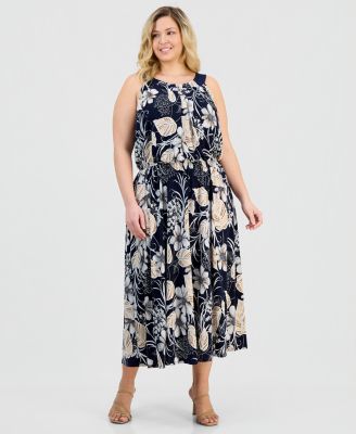Plus Size Printed Pleat-Neck Sleeveless Dress