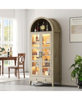 Tall Arched Kitchen Pantry Cabinet, Modern Farmhouse Kitchen Storage Cabinets with LED Lights, Arched Cabinet with Open & Adjustable Shelves