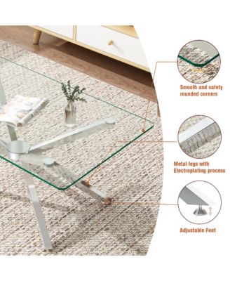 Rectangular Clear Tempered Glass Coffee Table with Adjustable Feet and Metal Legs for Living Room (Silver + Clear Glass)