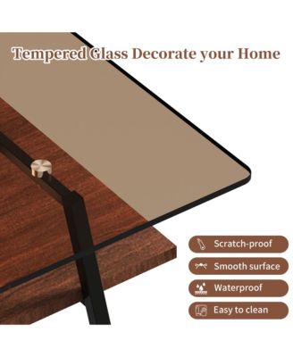 Rectangle Coffee Table, 2 Tier Center Table with Clear Tempered Glass Top and Metal Legs for Living Room