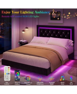 Full Floating Bed Frame with LED Lights, Upholstered Platform, Solid Wood Slats