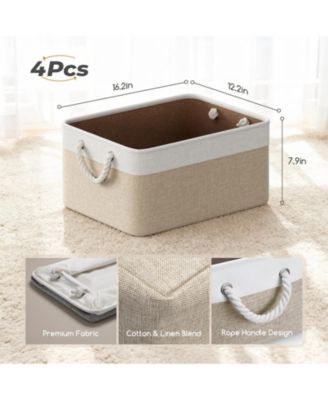 4 Pack Fabric Storage Basket Set with Rope Handles Metal Frame and Hard Bottom Base