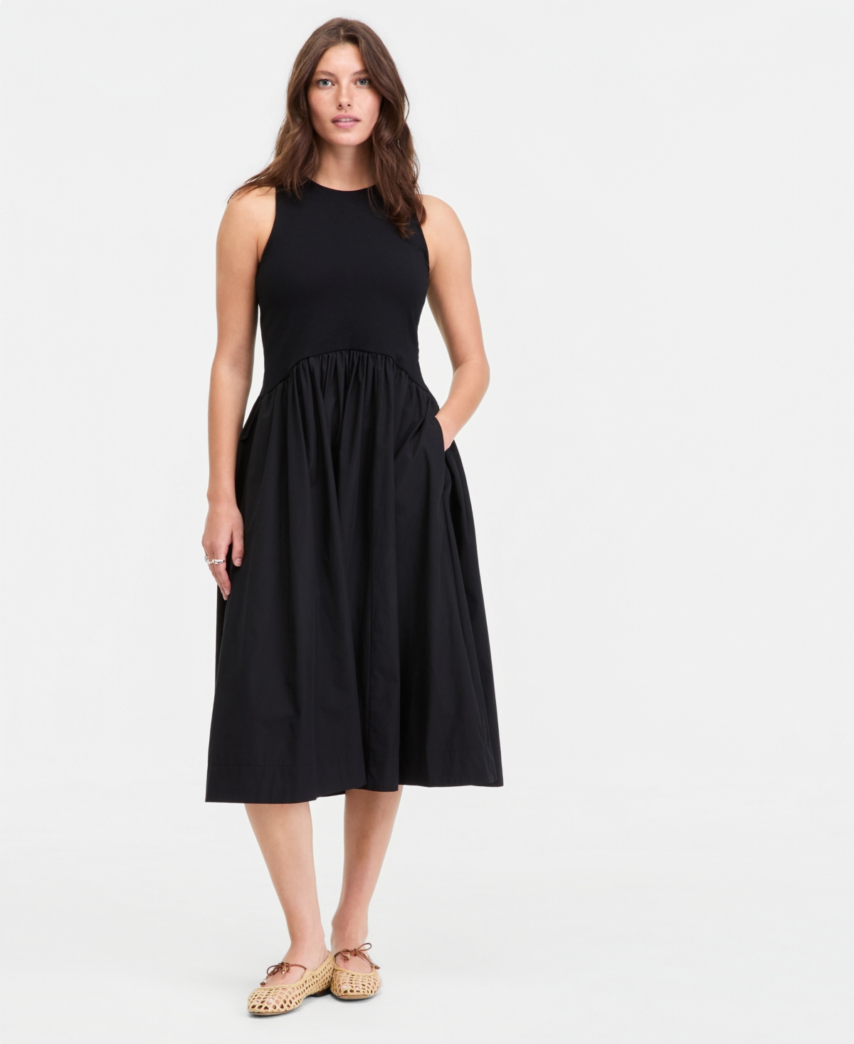 On 34th Women's Curved-Waist Mixed-Media Midi Dress, Macy's Exclusive - Deep Black
