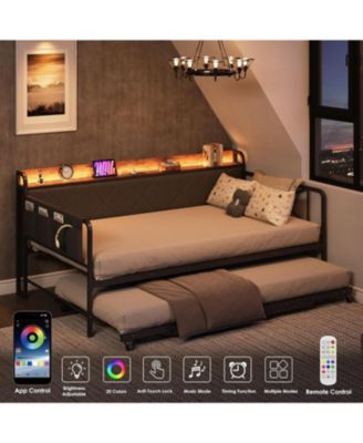 Twin Daybed with Trundle and LED Lights, Upholstered Headboard with Charging Station, Sofa Bed for Living Room or Bedroom