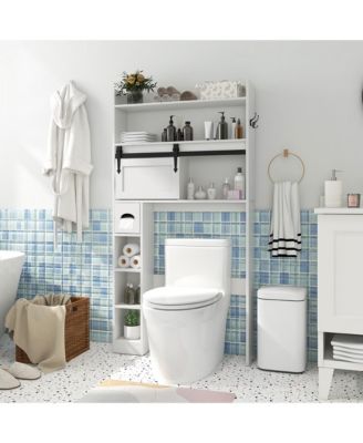 Over The Toilet Storage Cabinet w/ Sliding Barn Door Adjustable Shelves 2 Hooks