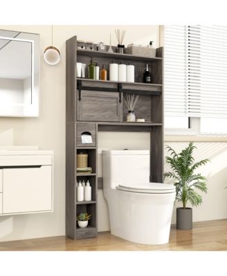 Over The Toilet Storage Cabinet w/ Sliding Barn Door Adjustable Shelves 2 Hooks