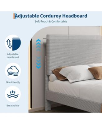  Bed Frame with USB Charging Station, Corduroy Upholstered Platform Bed Frame with Adjustable Storage Headboard, Wooden Slats Support