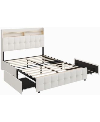 Bed Frame with 2 Storage Drawers, Upholstered Bed Frame Full with LED Light, Double-Layer Bedside Headboard with Charging Socket