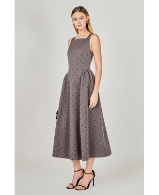 Women's Square Neck Polka Dot Gathered Waist Midi Dress