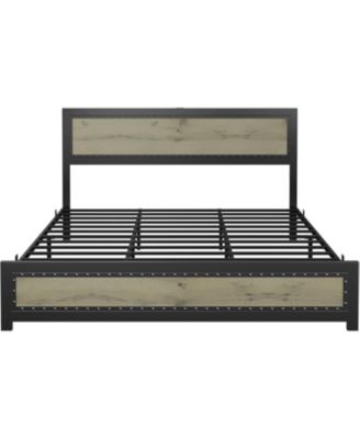 Size Industrial Bed Frame - Charge Station (USB/Type-C), Wood Headboard/Footboard, No Box Spring Needed