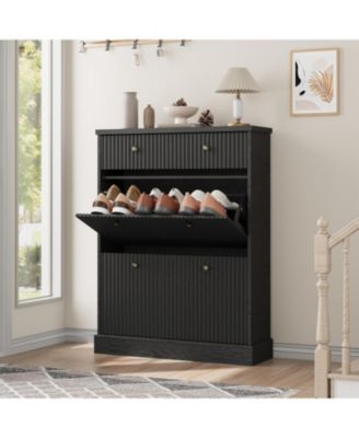 Fluted Shoe Cabinet with 2 Flip Drawers and 1 Top Drawer Narrow Wooden Cabinet with Adjustable Shelves Freestanding Shoe Organizer