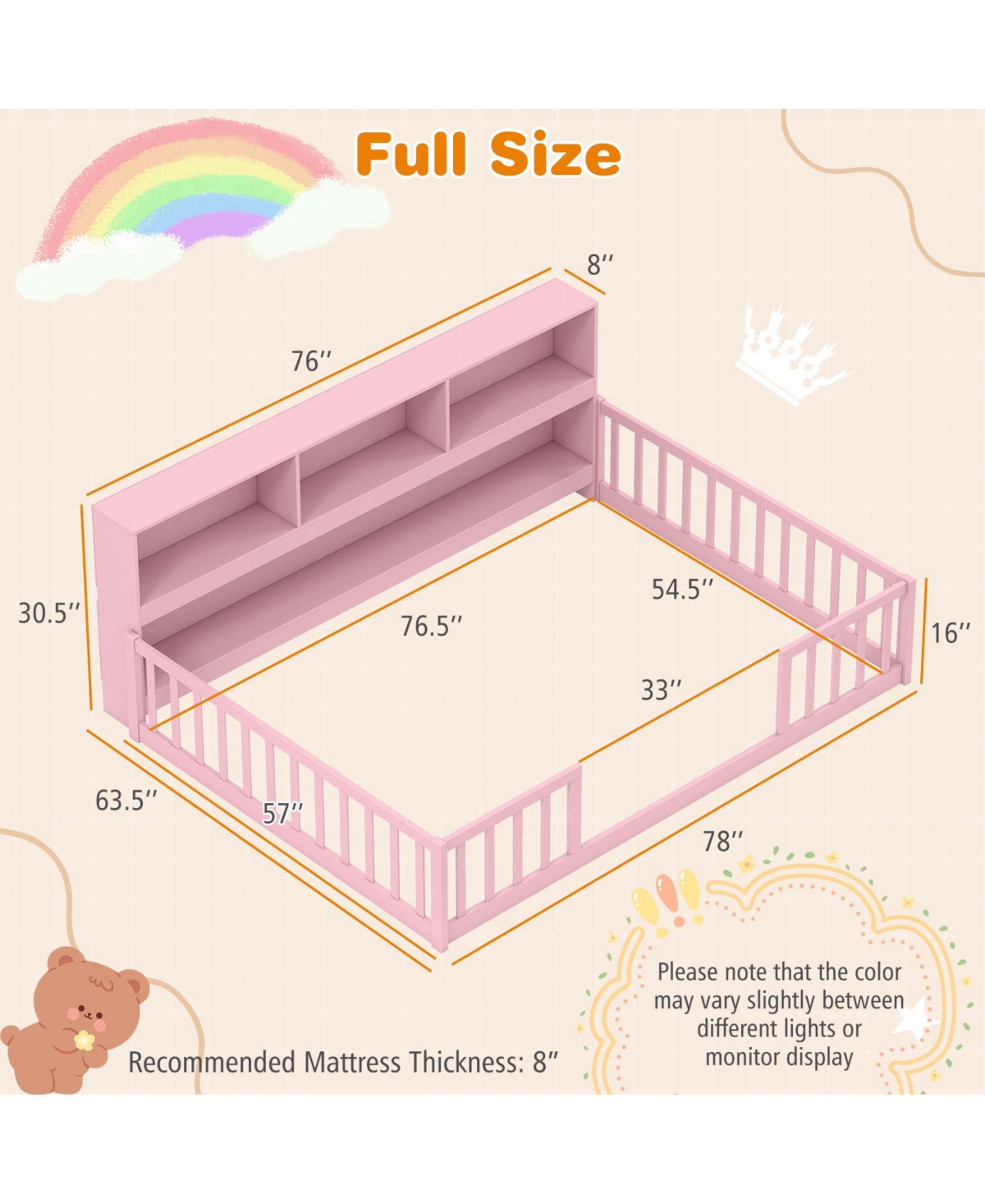Slickblue Full Kids Floor Bed with Integrated Book Storage