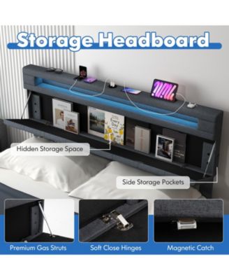 Queen Size Bed Frame with Adjustable Storage Headboard and Wooden Slat Support