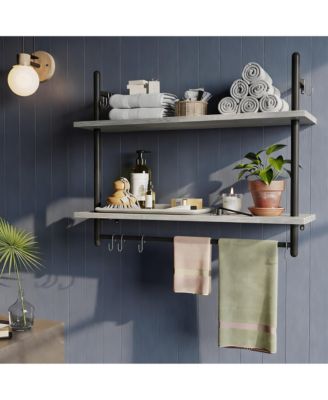 Floating Shelves Wall Mounted 31" 2-Tier Storage Rack with Towel Bar 8 Hooks