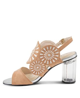 Women's Embroidery Pumps and Heels - Geometric Design, Adjustable Ankle Strap, Transparent Cylindrical Heel