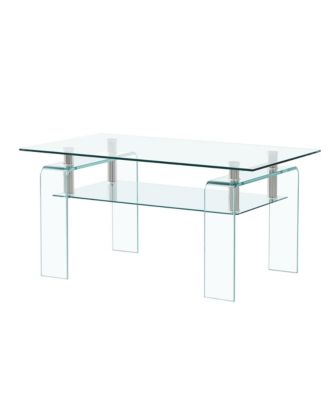 Rectangle 2-Tier Glass Coffee Table, Modern Small Center Table with Storage and Metal Legs for Living Room, Home Office