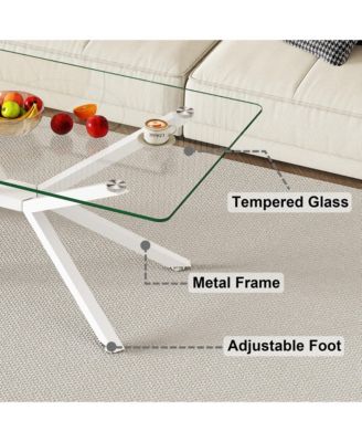 Rectangular Clear Tempered Glass Coffee Table with Adjustable Feet and Metal Legs for Living Room
