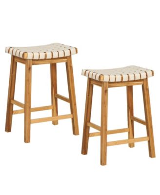Set of 2 Faux Leather Bar Stools with Woven Curved Seat