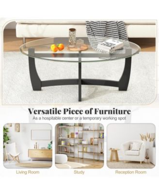 Oval Coffee Table with Tempered Glass Tabletop and Rubber Wood Legs