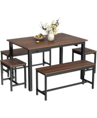 5-Piece Extendable Dining Table Set for 4-8 People,63 Inch Kitchen Table with 2 Benches & 2